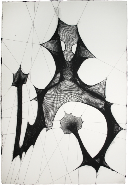 Untitled (Black and White), fishnet bodysuit embossing on phosphorescent cotton base sheet