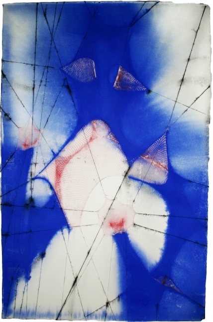 Shazam (Red, Blue and Phosphorescence)

fishnet bodysuit embossing on phosphorescent cotton base sheet

58 1/2h x 38 1/4w in