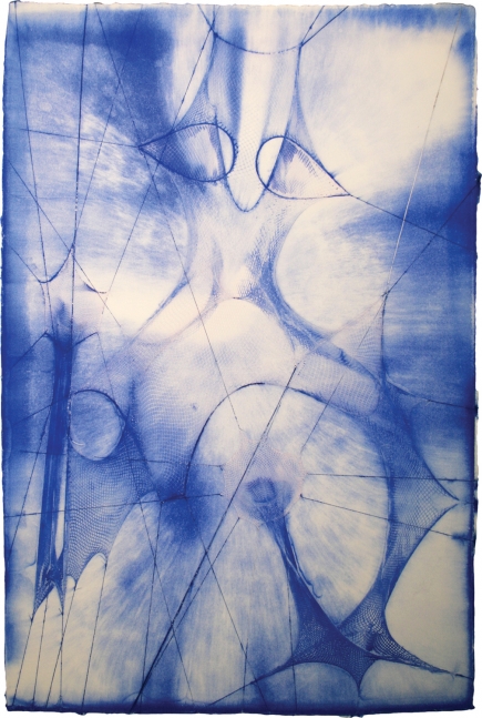 Shazam (Blue and White), fishnet bodysuit pigment embossing on cotton base sheet