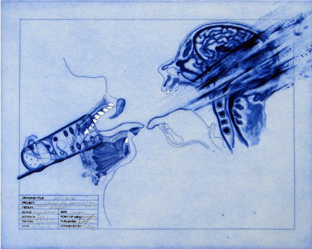 Spit Bite, 2001 Cellular Communion Series, Edition of 25, Etching, rubberstamp and pencil. 20 x 24 inches.&nbsp;