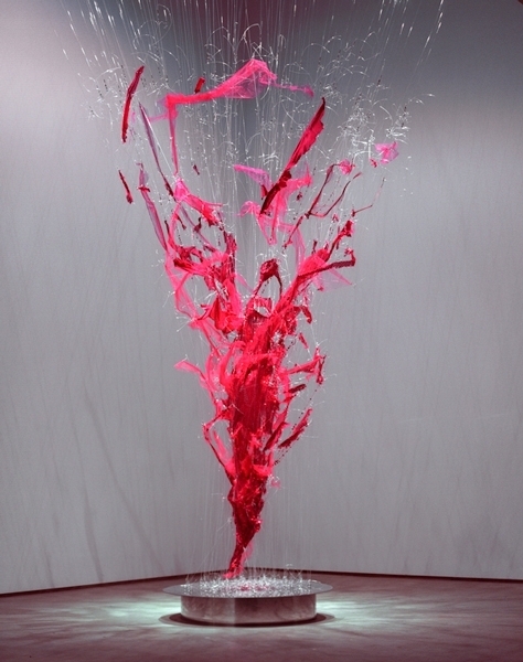 Cherry Bomb Vortex, 2002, Red sequin dresses, stainless steel mirror, monofilament and turnbuckles, approx. 9.5 x 8.5 x 8.5 ft.&amp;nbsp;