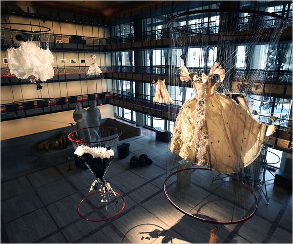 E. V. Day&#039;s sculptures made from vintage costumes from the New York City Opera&#039;s warehouse, now suspended in the promenade of the David H. Koch Theater.&nbsp;Sara Krulwich/The New York Times