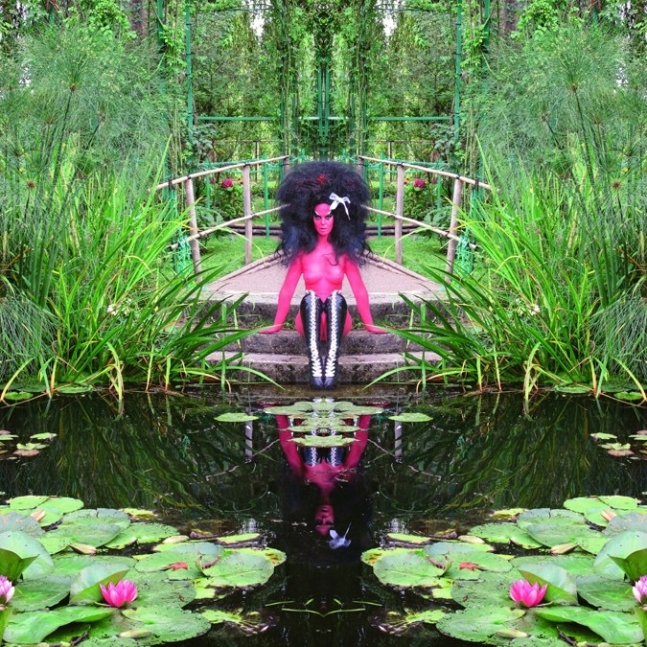 A photo of artist and rocker Kebra Pfahler in Monet&#039;s Giverny Garden, part of a new exhibit at The Hole.