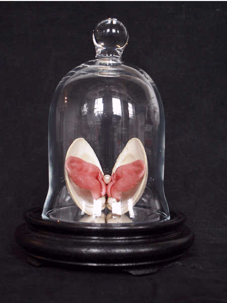 Doublestuff Bell Jar, 2006, Silicone rubber, raccoon and mink tongues, clam shell, fresh water pearl, and resin on wood base with glass bell jar