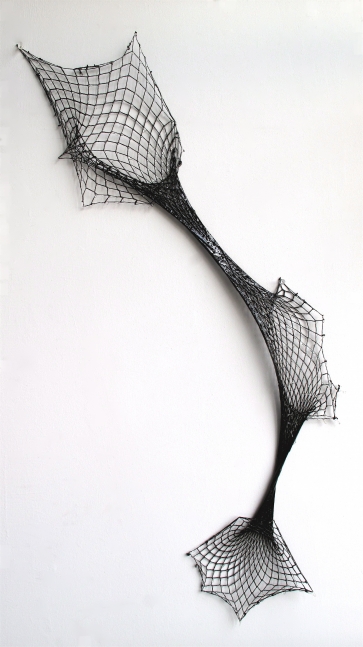 Blow Out,&nbsp;Black polyester, cotton fishnet stocking and resin.&nbsp;40 x 18 inches